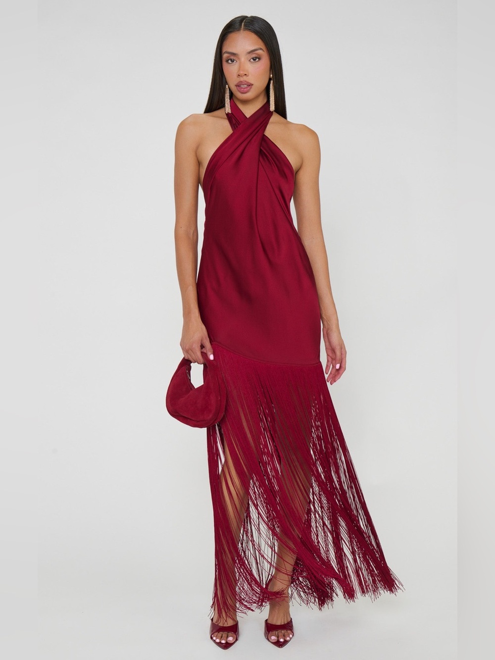 Show Me Your Mumu Jasmine Fringe Maxi Dress size Large L Cranberry Luxe Satin